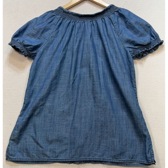 Charter Club Women's Chambray Button Up Shirt Embroidery Size 10P Blue Smocked - Picture 2 of 11